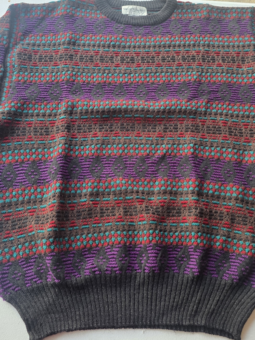 Vintage Tricots St. Raphael Multicolor Geometric Knit Sweater — 90s Cosby Style